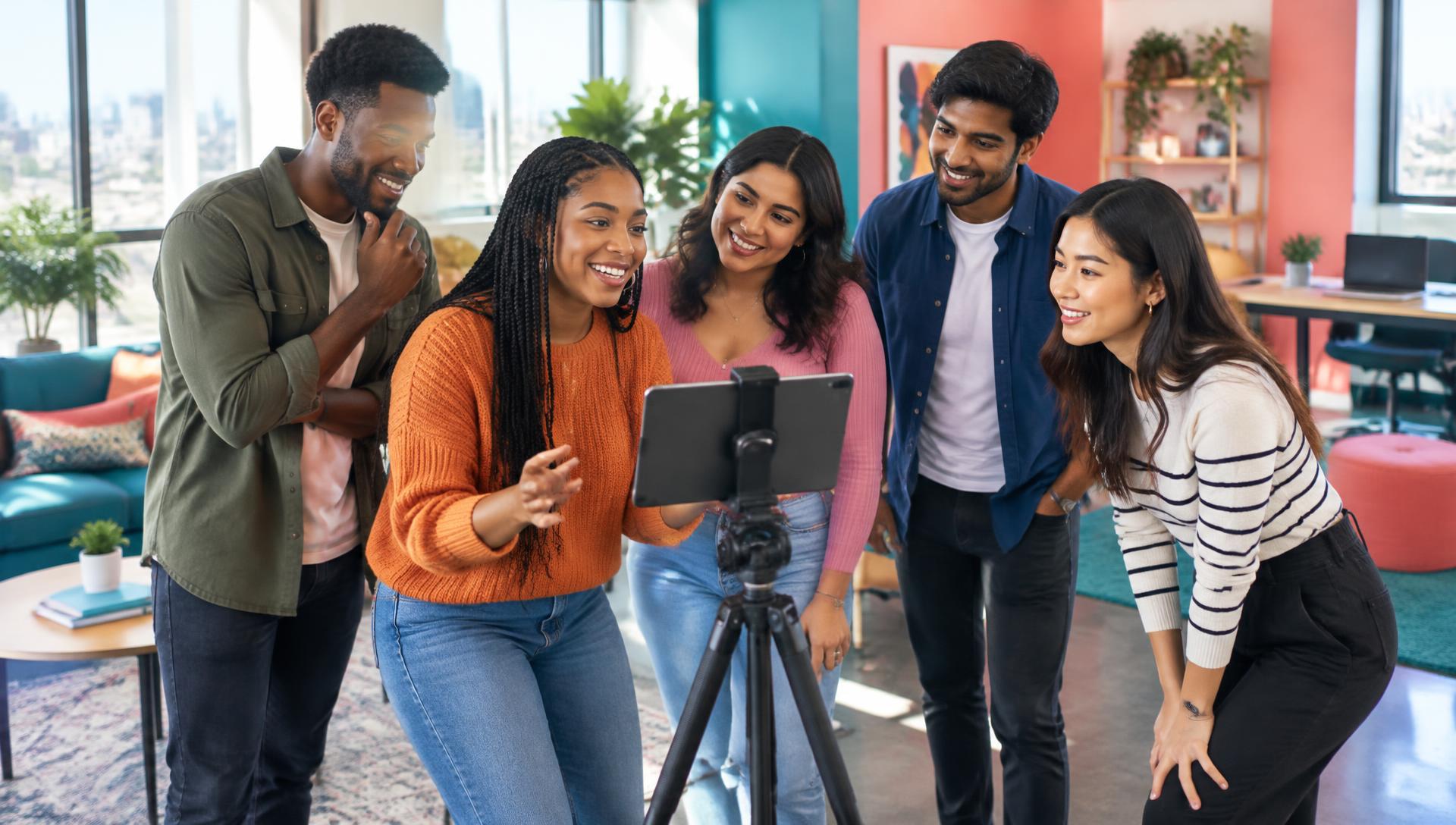 Young diverse colleagues collaborating in Reel Studio